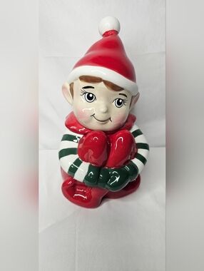 ​Cracker Barrel Christmas Elf Cookie Jar Earthenware Holiday Decor 11.5"